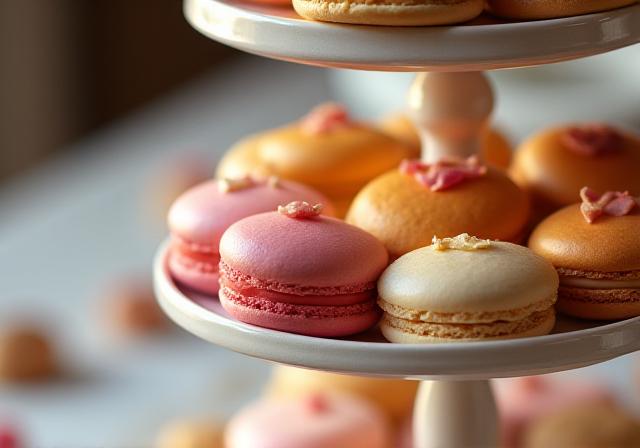 Two-tier tray with macarons, madeleines and artisanal tea