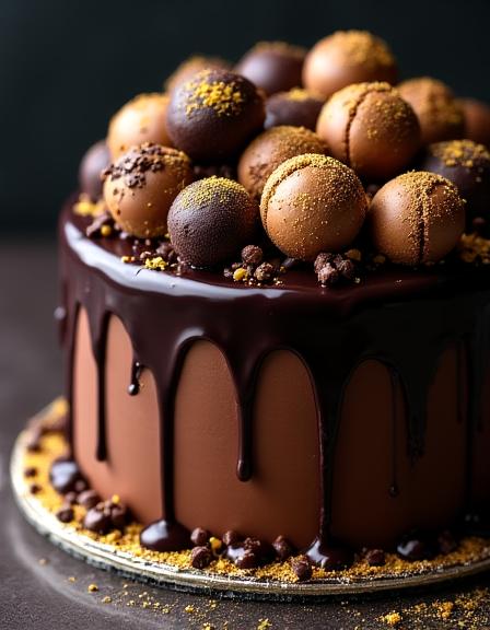 Decadent chocolate drip cake with macarons