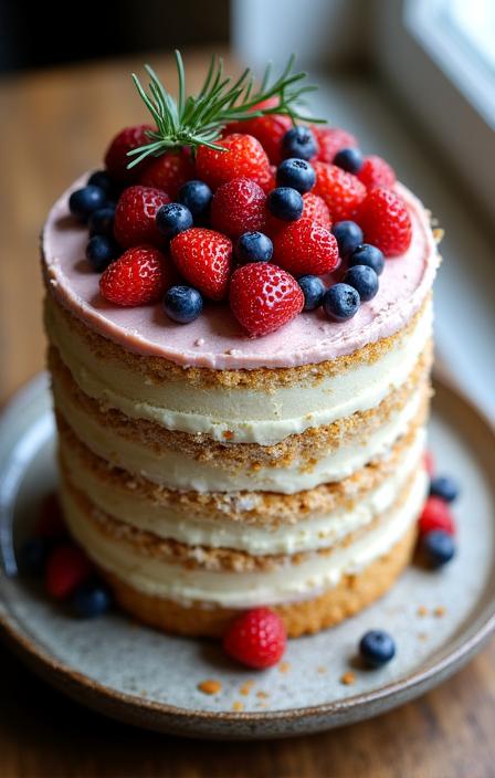 Rustic semi-naked cake with fresh berries