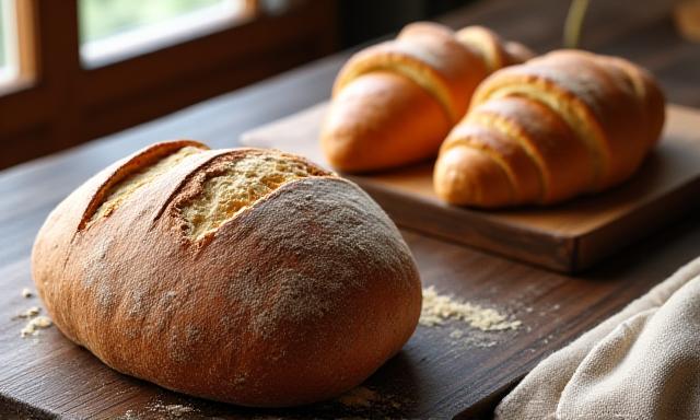 Freshly baked artisan sourdough and croissants on a wooden counter